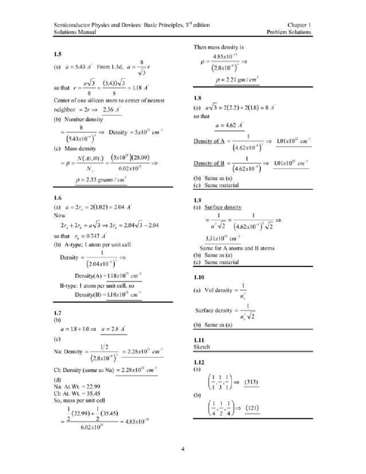 Semiconductor Physics and Devices: Chapter I & II Solutions Manual ...