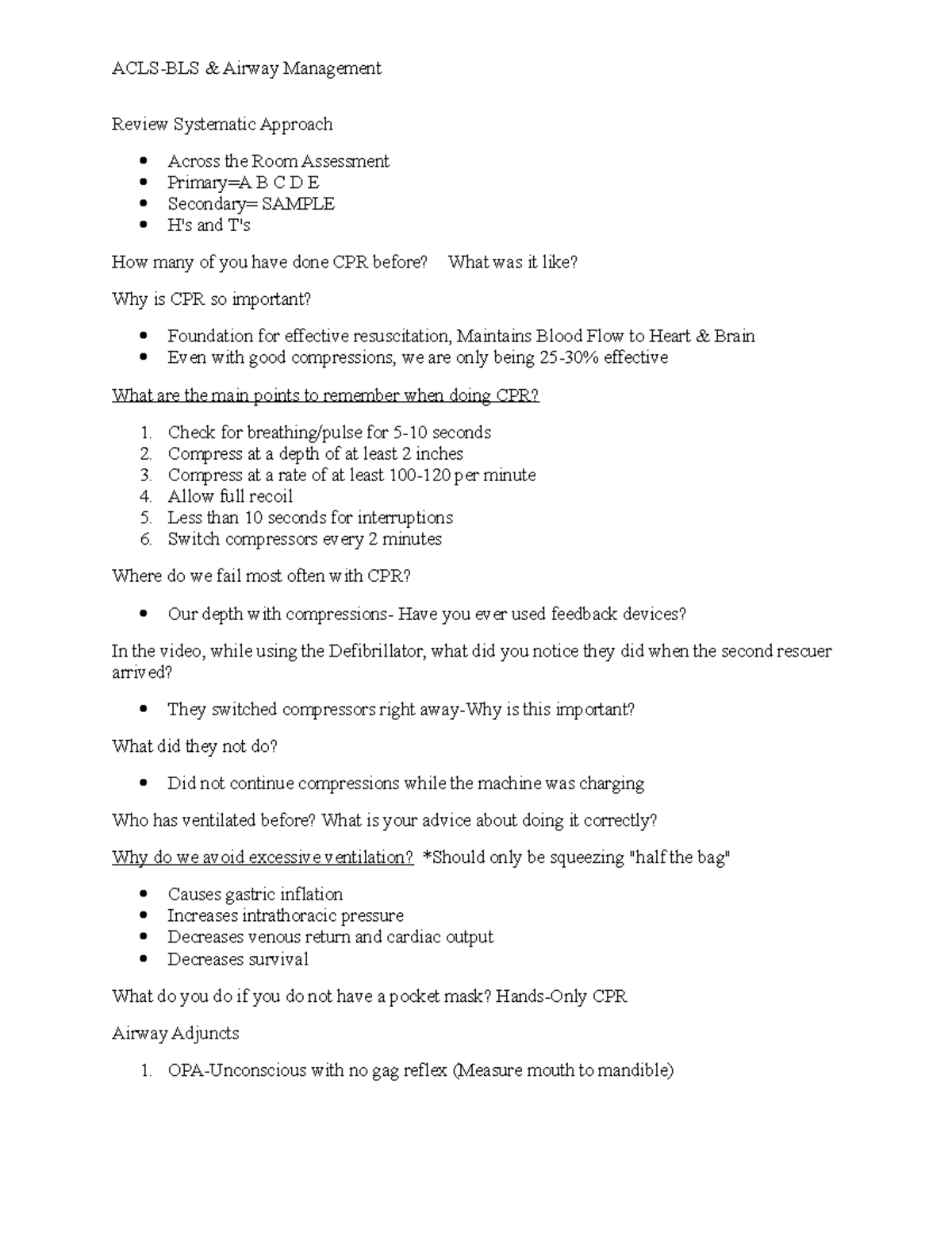 ACLS-BLS Final Exam Notes on Airway Management & CPR Techniques - Studocu