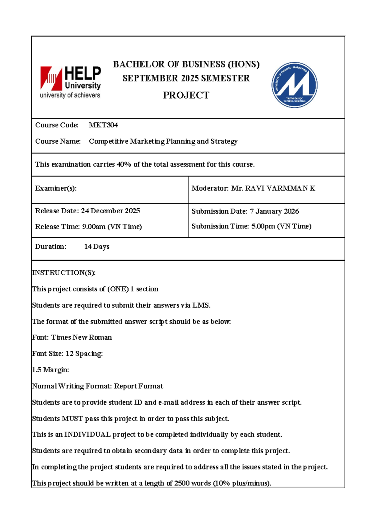 UFM MKT304 September 2025 Semester Final Project on ESG in Marketing ...
