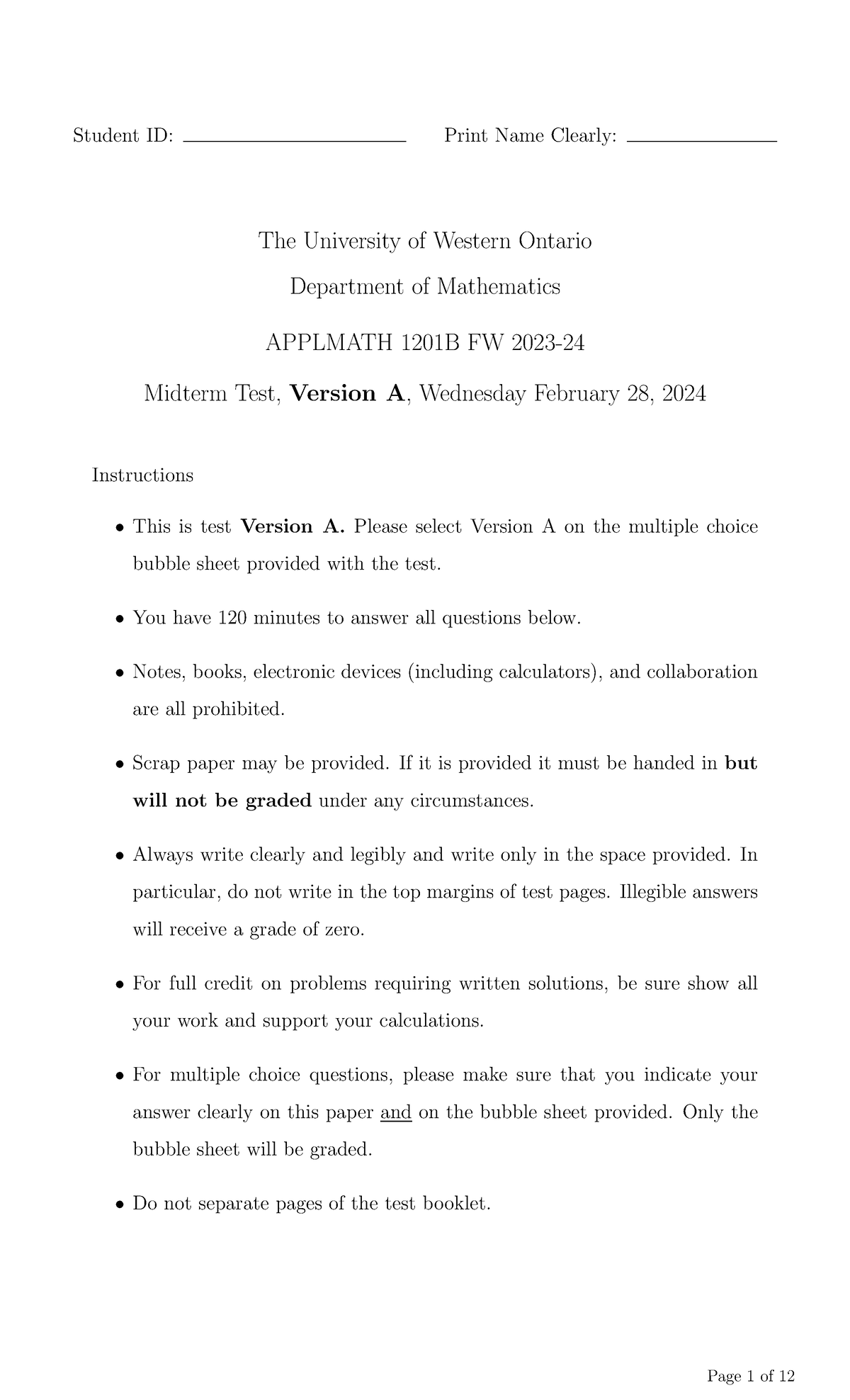 Winter 2024 - midterm - Student ID: Print Name Clearly: The University ...