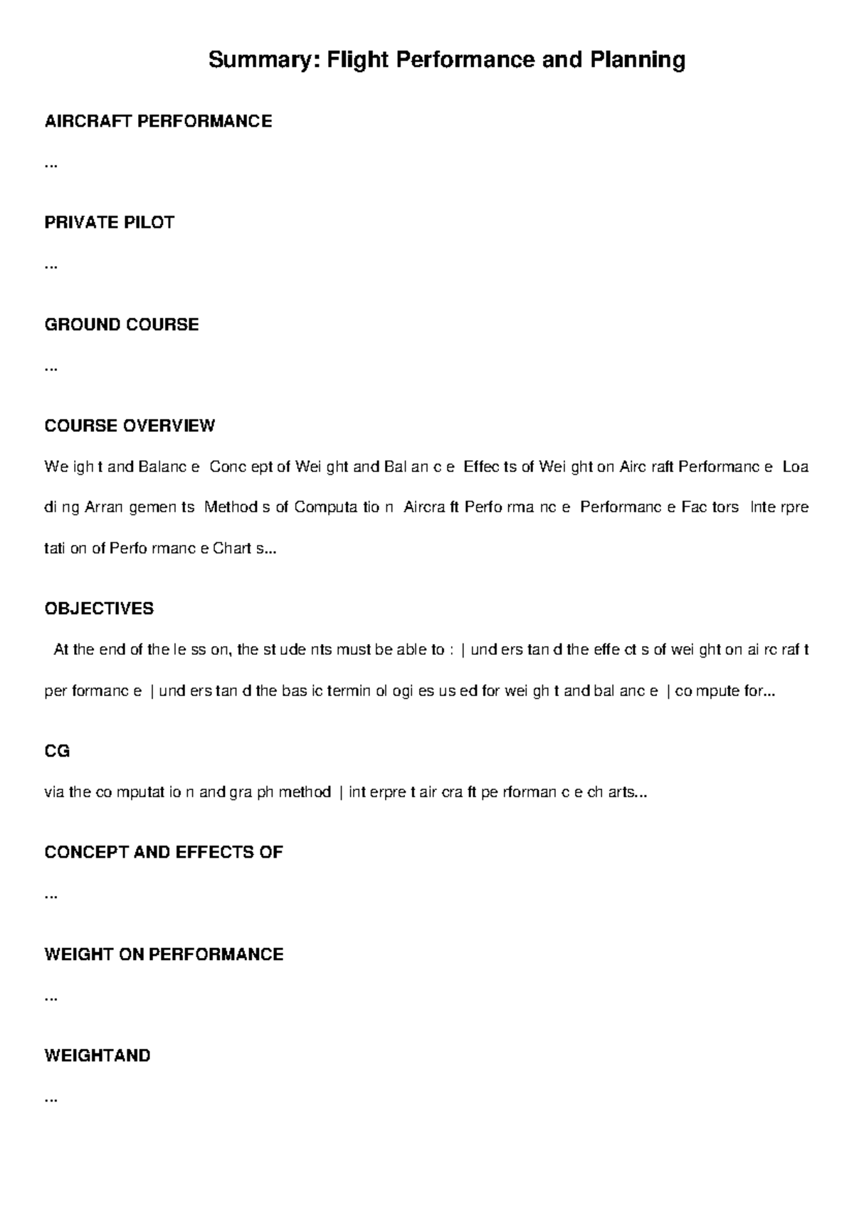 Summary of Flight Performance and Planning for Private Pilot (AIRCRAFT ...
