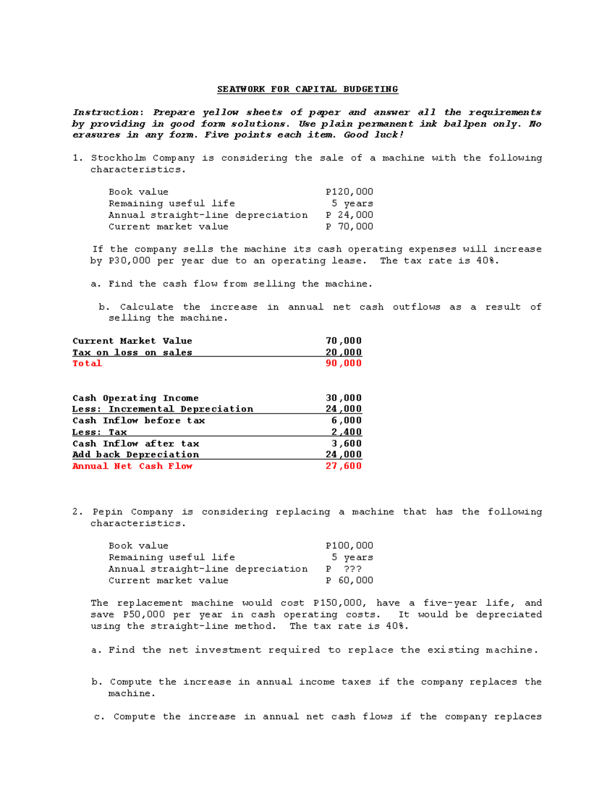 Seatwork for Capital Budgeting (FINMAN STMC): Machine Replacement ...