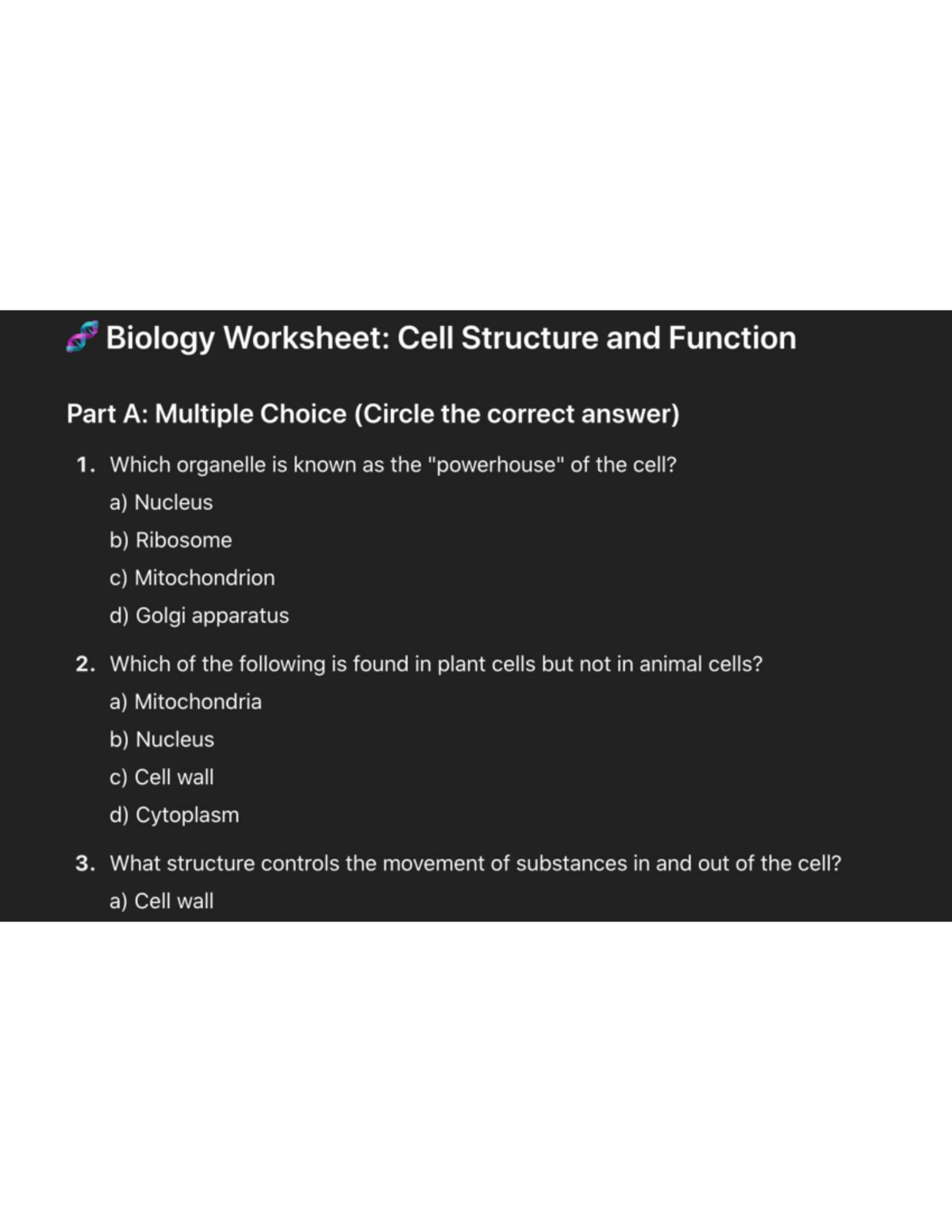 Biology Worksheet: Cell Structure & Function MCQs - Studocu