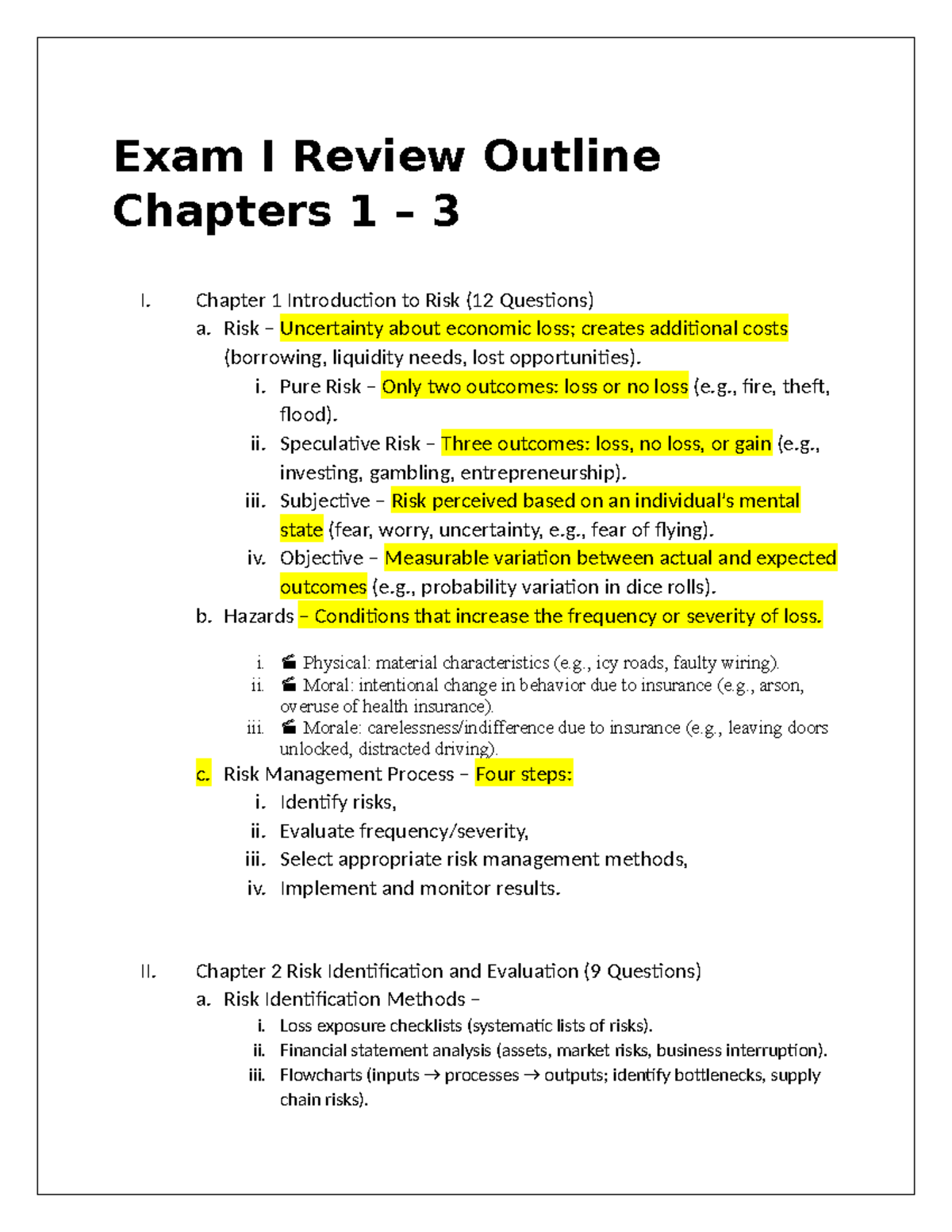 Exam I Review Outline: Risk Management Concepts (Chapters 1-3) - Studocu