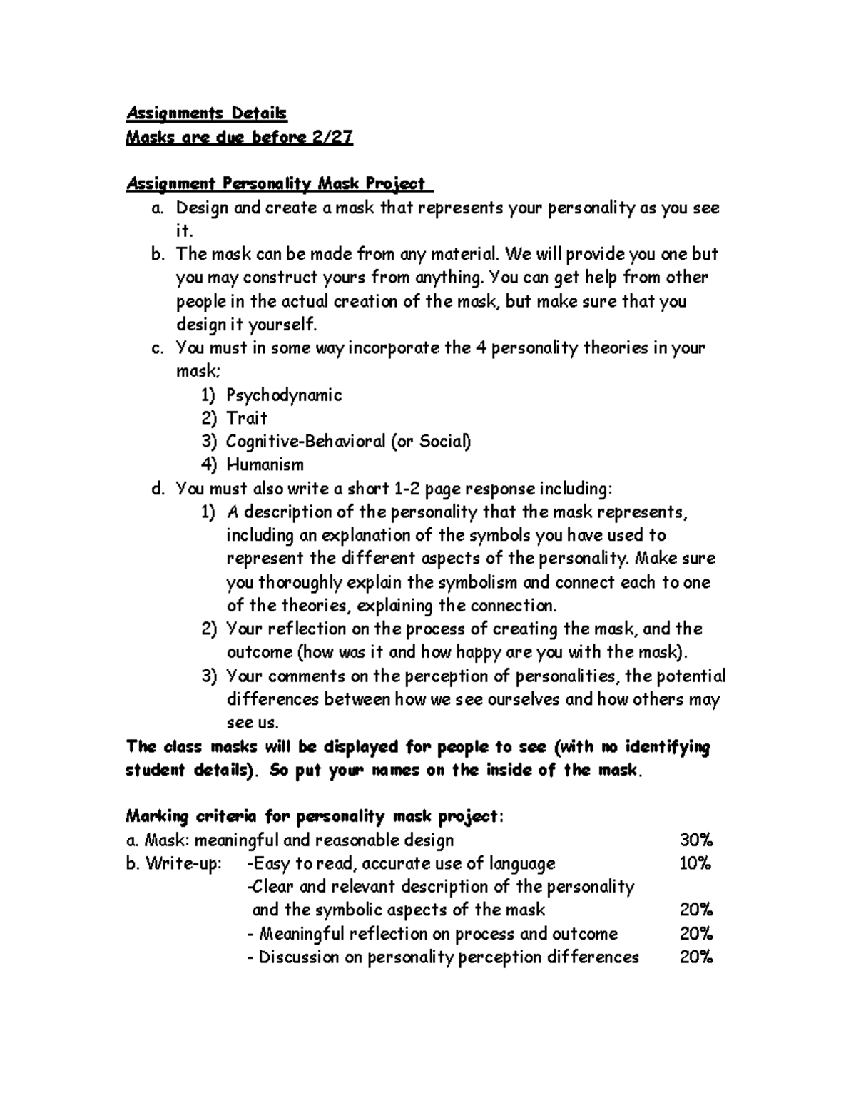 Personality Mask Project Assignment Details (PSY 101) - Studocu