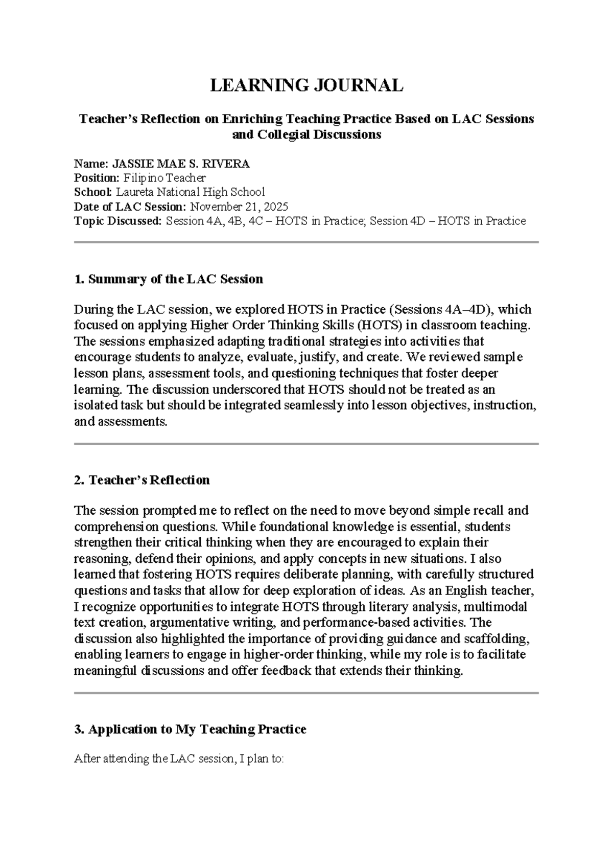 LEARNING JOURNAL: Reflection on HOTS Integration in Teaching Practice ...