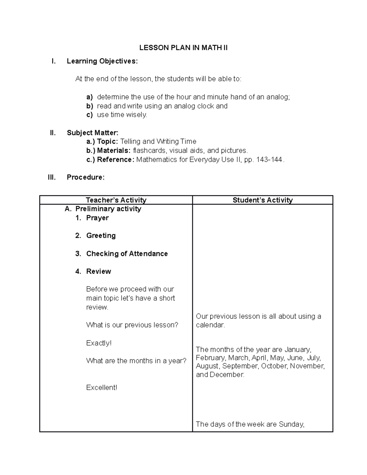 Lesson Plan for Math II: Final Demo on Telling Time - Studocu