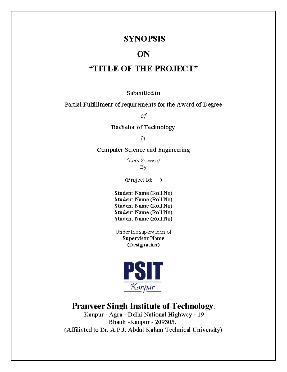 DS Mini Project Synopsis Format 2025 for B.Tech in CSE (Data Science ...