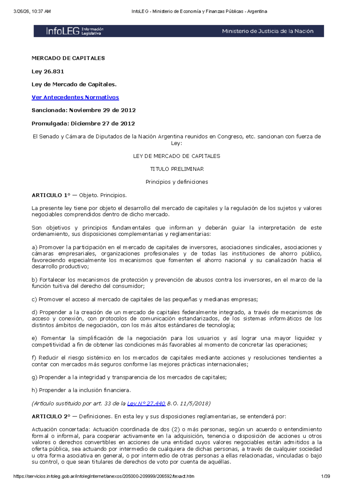 Ley 26.831: Regulación del Mercado de Capitales en Argentina - Studocu