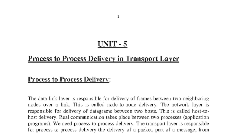 UNIT 5 - Process to Process Delivery in Transport Layer Notes - Studocu