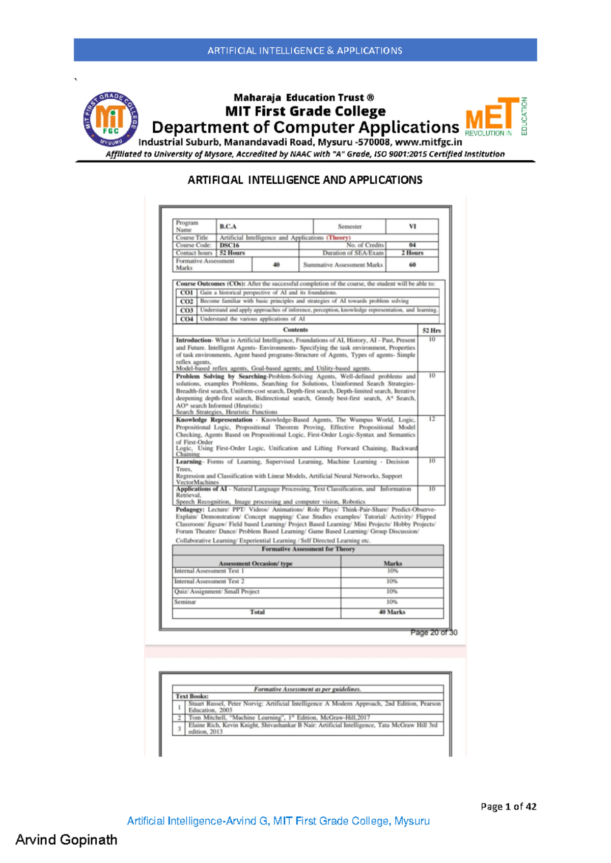 1 AI Notes Complete watermark - Page 1 of 42 ` ARTIFICIAL INTELLIGENCE ...