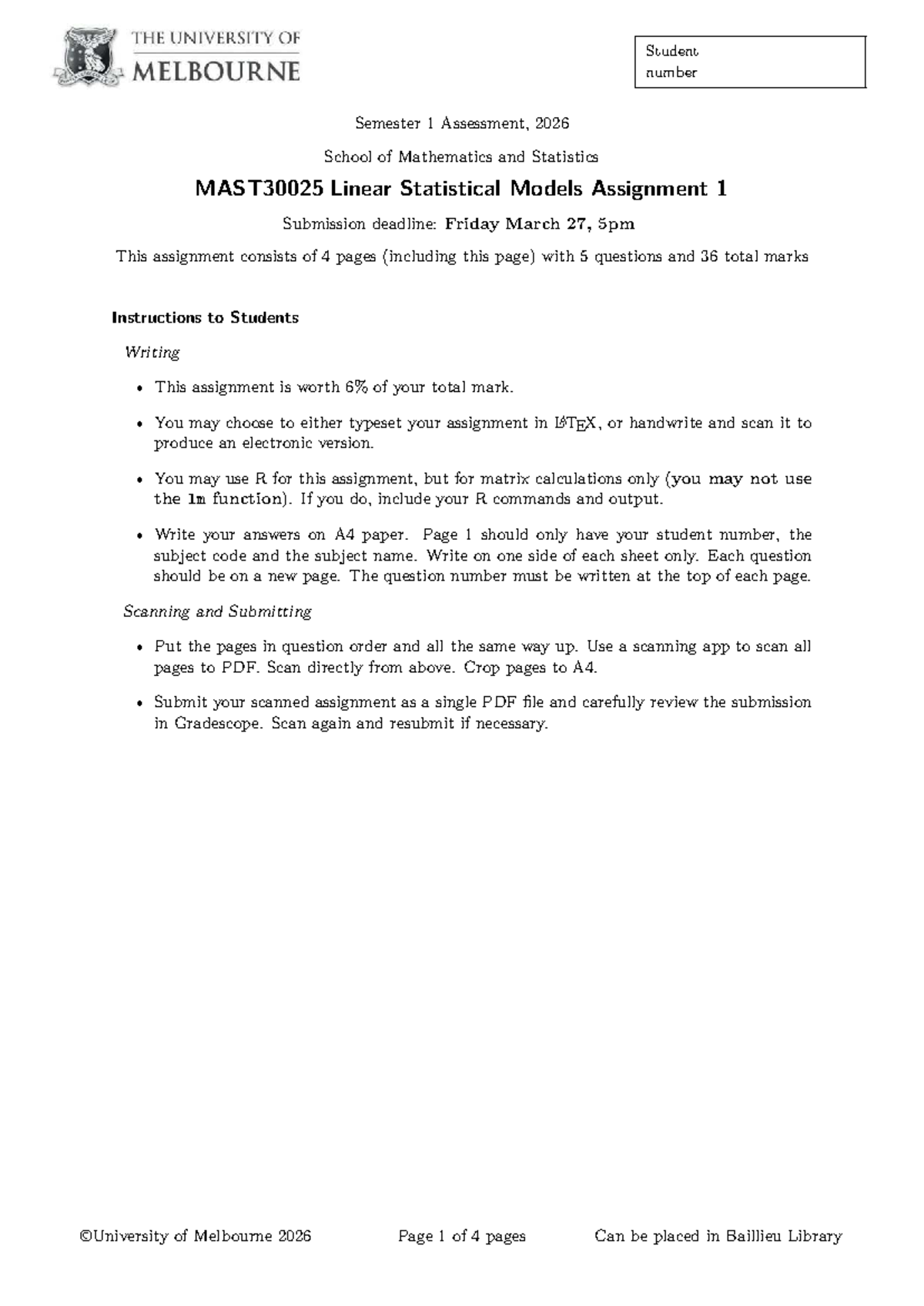 MAST30025 Linear Statistical Models Assignment 1 - Semester 1, 2026 ...