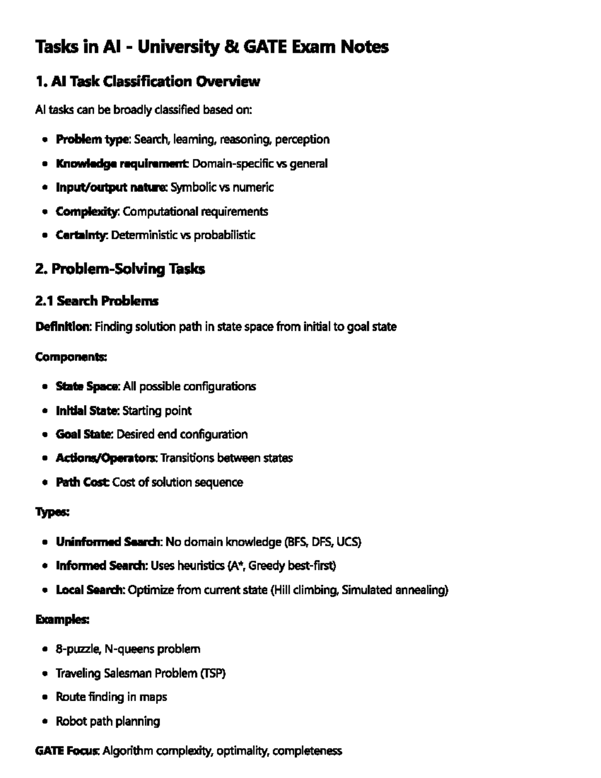 GATE Exam Notes: AI Task Classification and Overview - Studocu