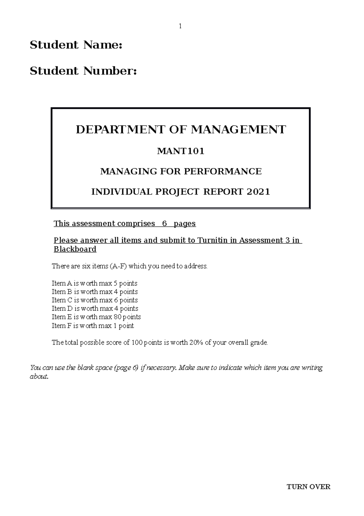 MANT101 Individual Project Report - Student Name: Student Number ...
