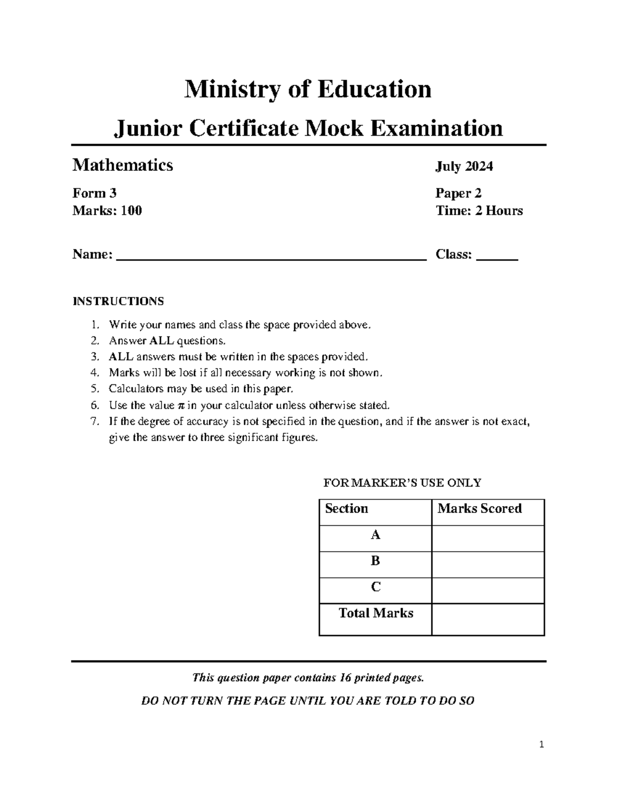 Mathematics Form 3 Mock Exam Paper 2 - July 2024 - Studocu