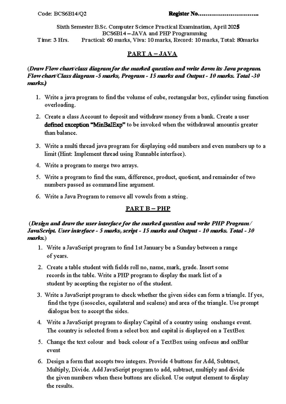BCS6B14 Java & PHP Lab: Previous Question Paper (Practical Exam) - Studocu