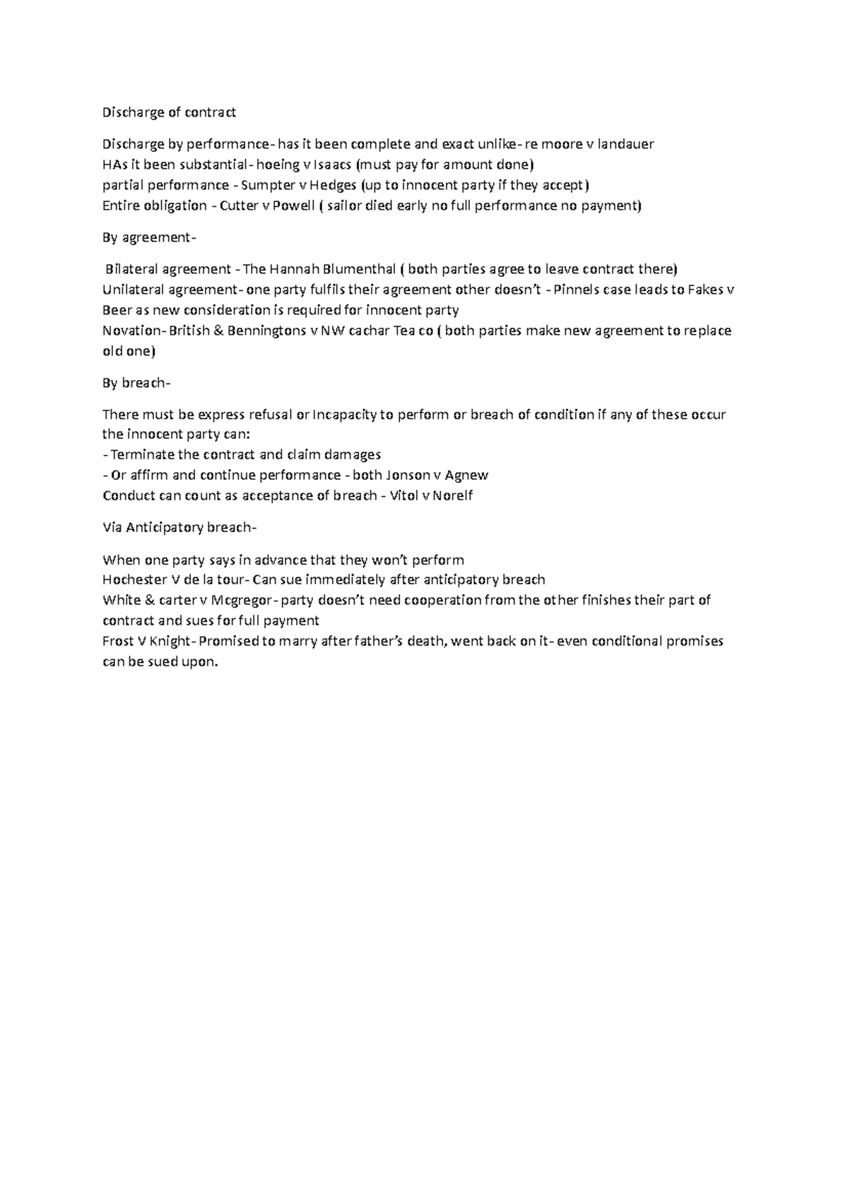 Discharge of Contract: Key Cases and Principles in Law (LAW 101) - Studocu
