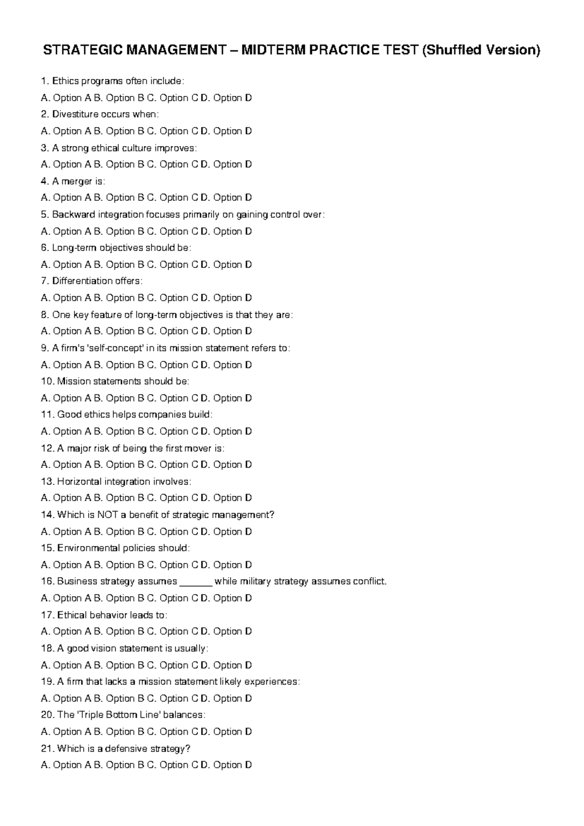 STRATEGIC MANAGEMENT MIDTERM PRACTICE TEST (Shuffled Version) - Studocu