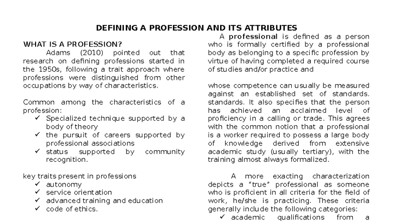 Defining a Profession and Its Key Attributes: An Overview - Studocu