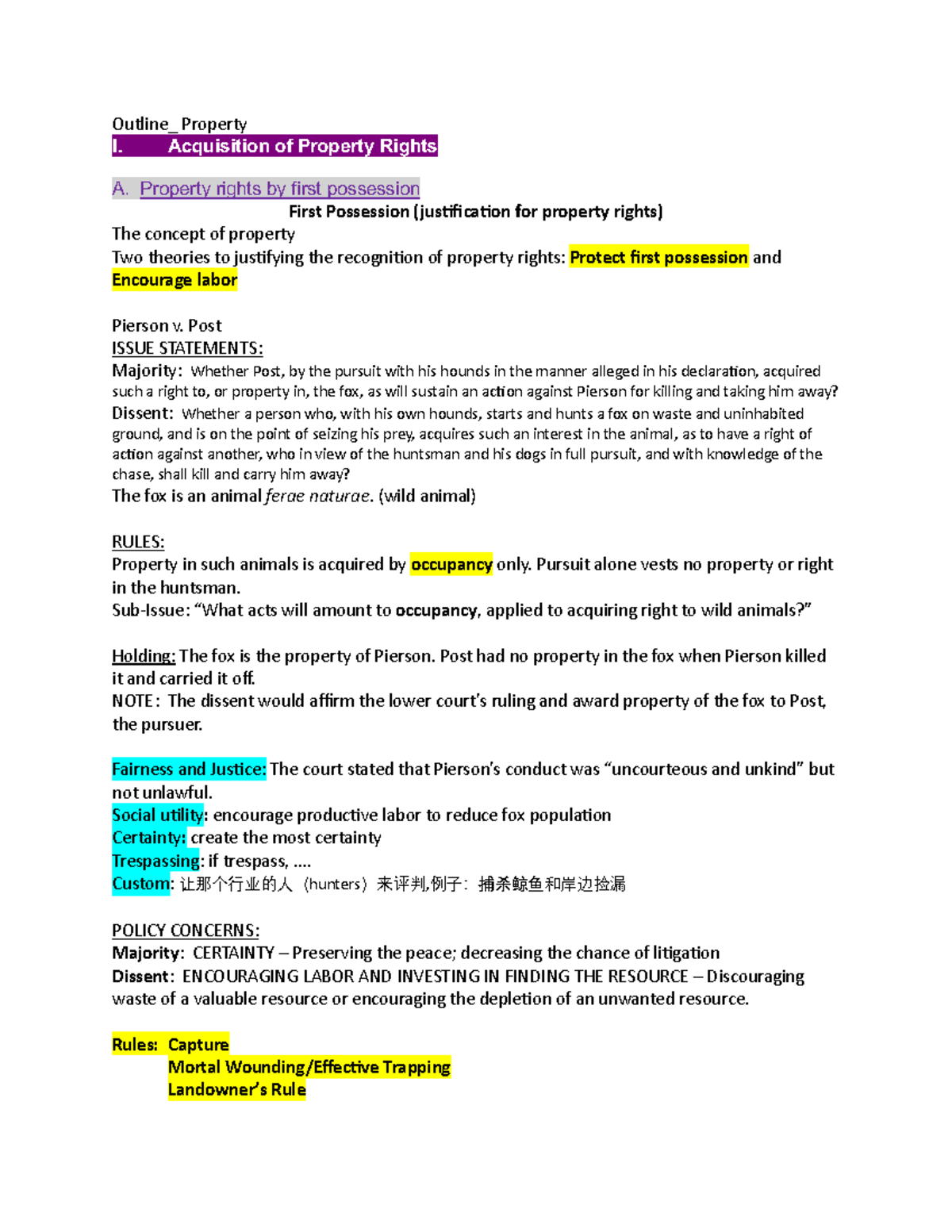 Property I Outline: Acquisition of Rights, Possession, and Adverse ...