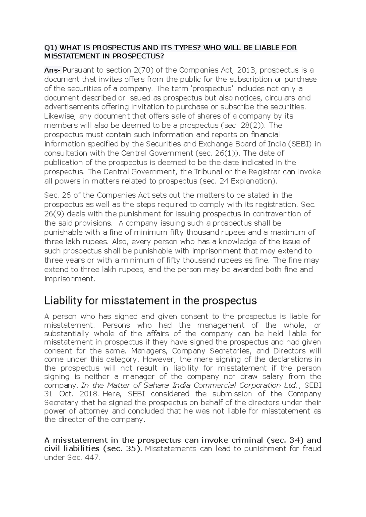 Corporate Law Assignment: Prospectus and Types of Shares & Debentures ...