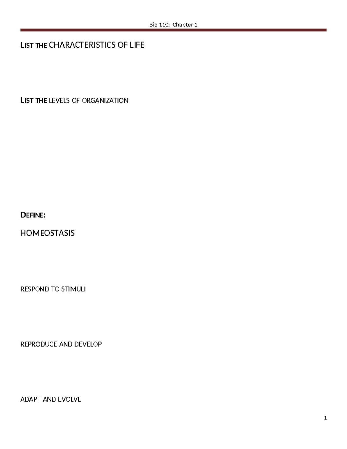 Ch 1 Study Guide - BIO 110 - Bio 110: Chapter 1 LIST THE ...