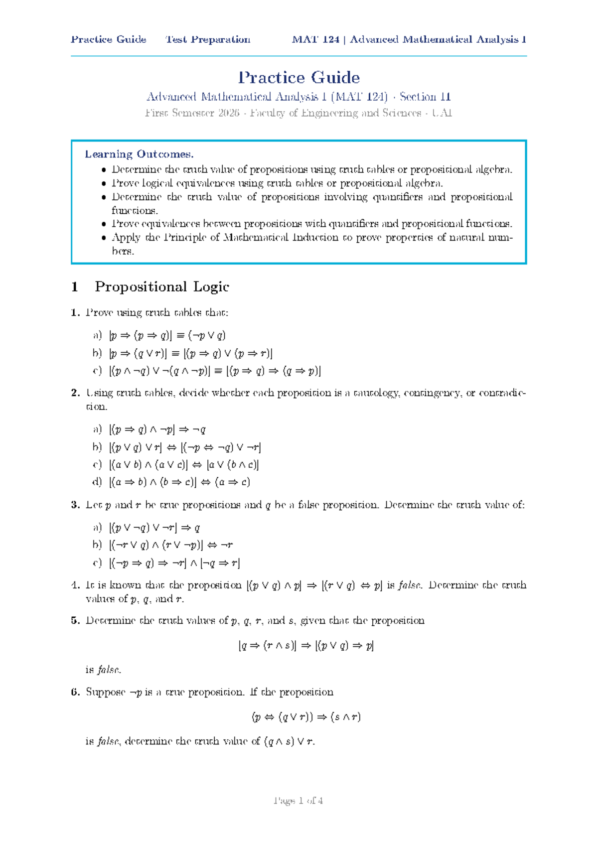 MAT 124 Practice Guide: Advanced Mathematical Analysis I Logic ...