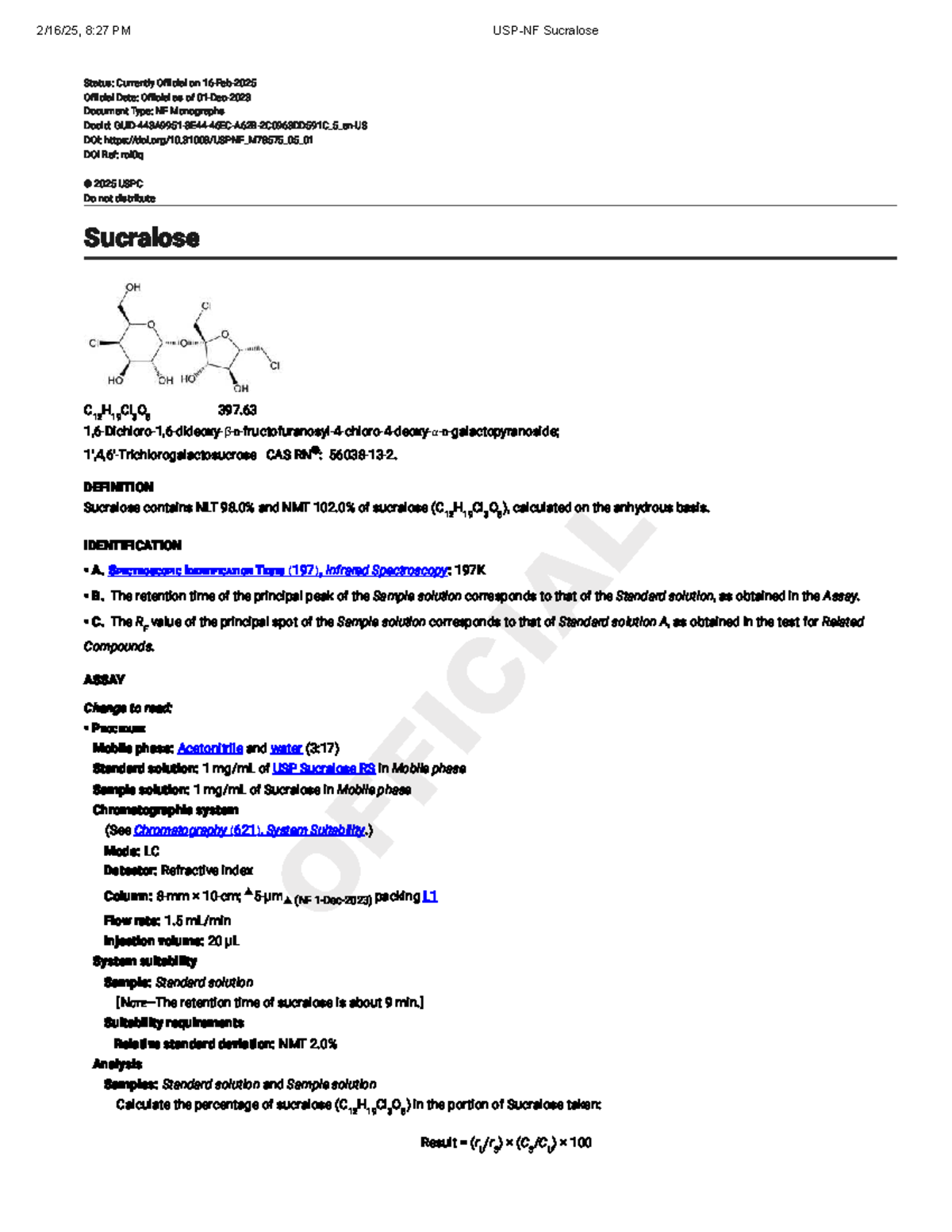 Sucralose NF Monographs (USP 2025) - Analysis and Assay Details - Studocu