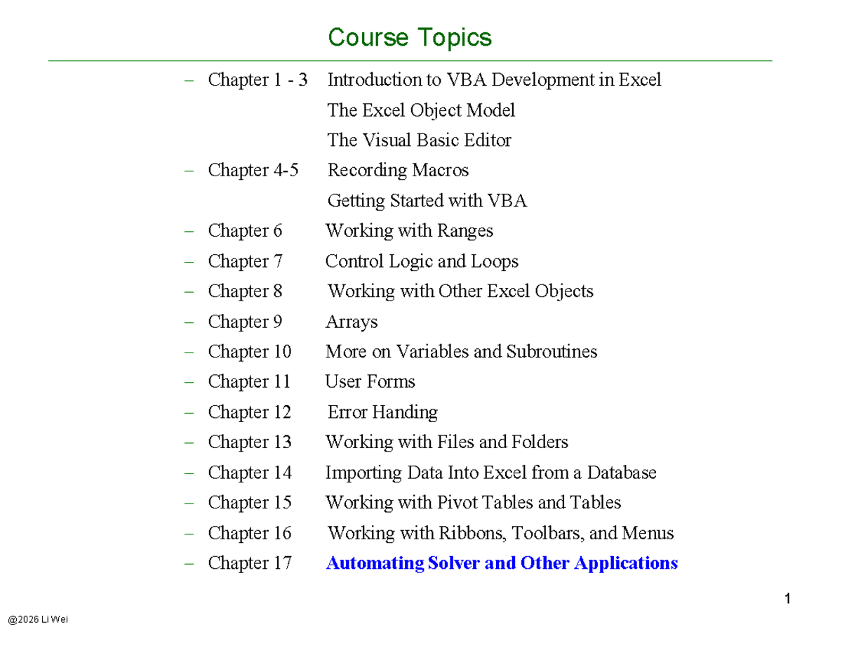 Course Notes 12: VBA Development in Excel - Chapter 17 Overview - Studocu