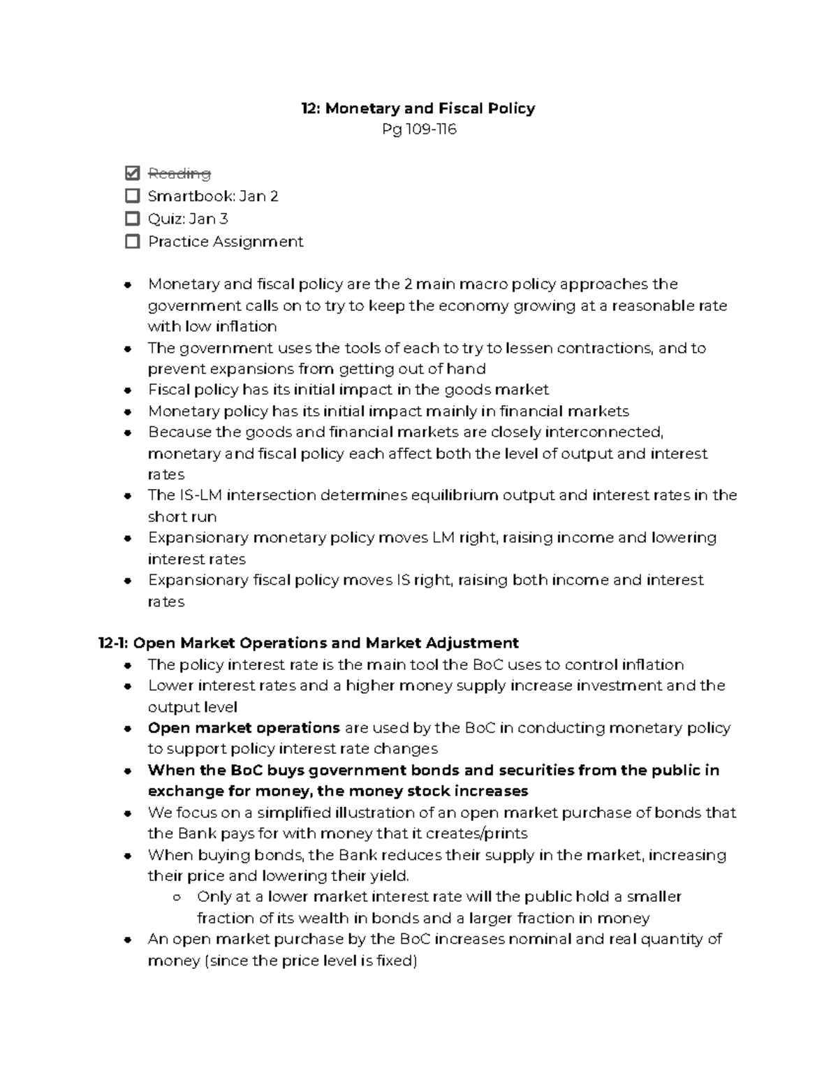 12: Monetary and Fiscal Policy - Lecture Notes - Studocu