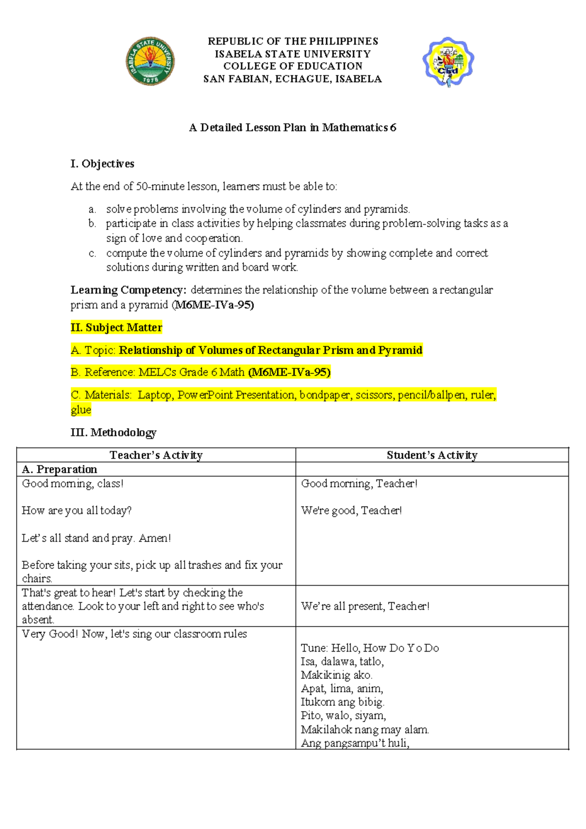 G6 Math Lesson Plan: Volume of Cylinders & Pyramids - Studocu