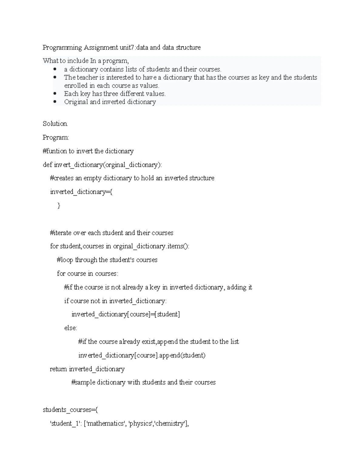 UNIT 8 Programming 1- Assignment - ASSIGNMENT QUESTION: In this ...