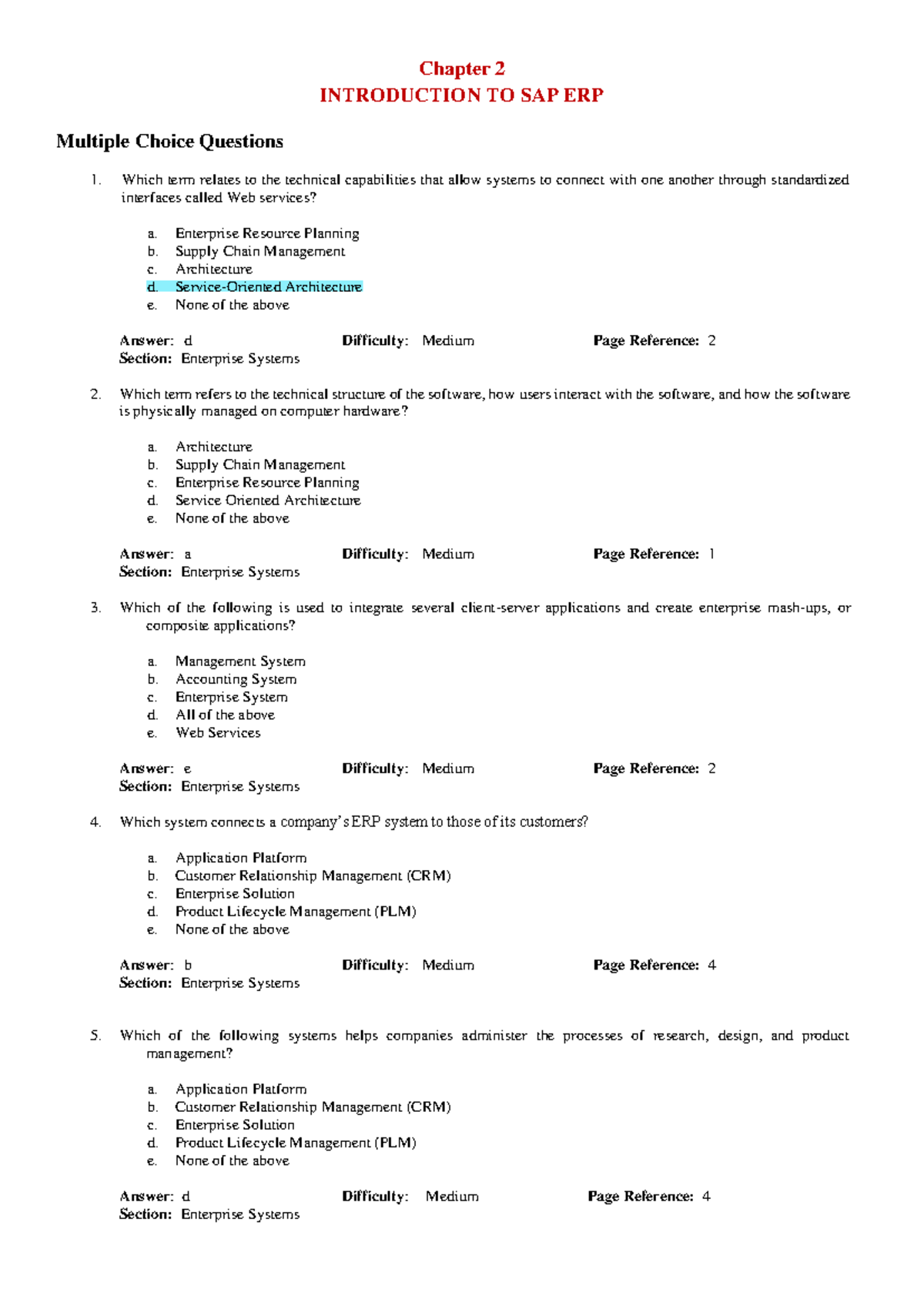 Quiz CH2: Intro to SAP ERP - Multiple Choice Questions - Studocu