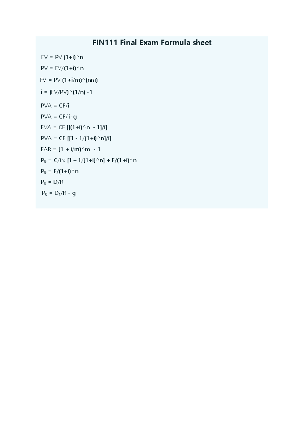 FIN111 Final Exam Formula sheet 2025A - FIN 111 - FIN111 Final Exam ...