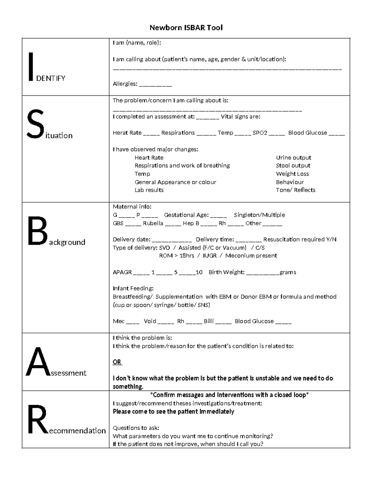Newborn ISBAR Tool Assessment And Communication Guidelines Studocu
