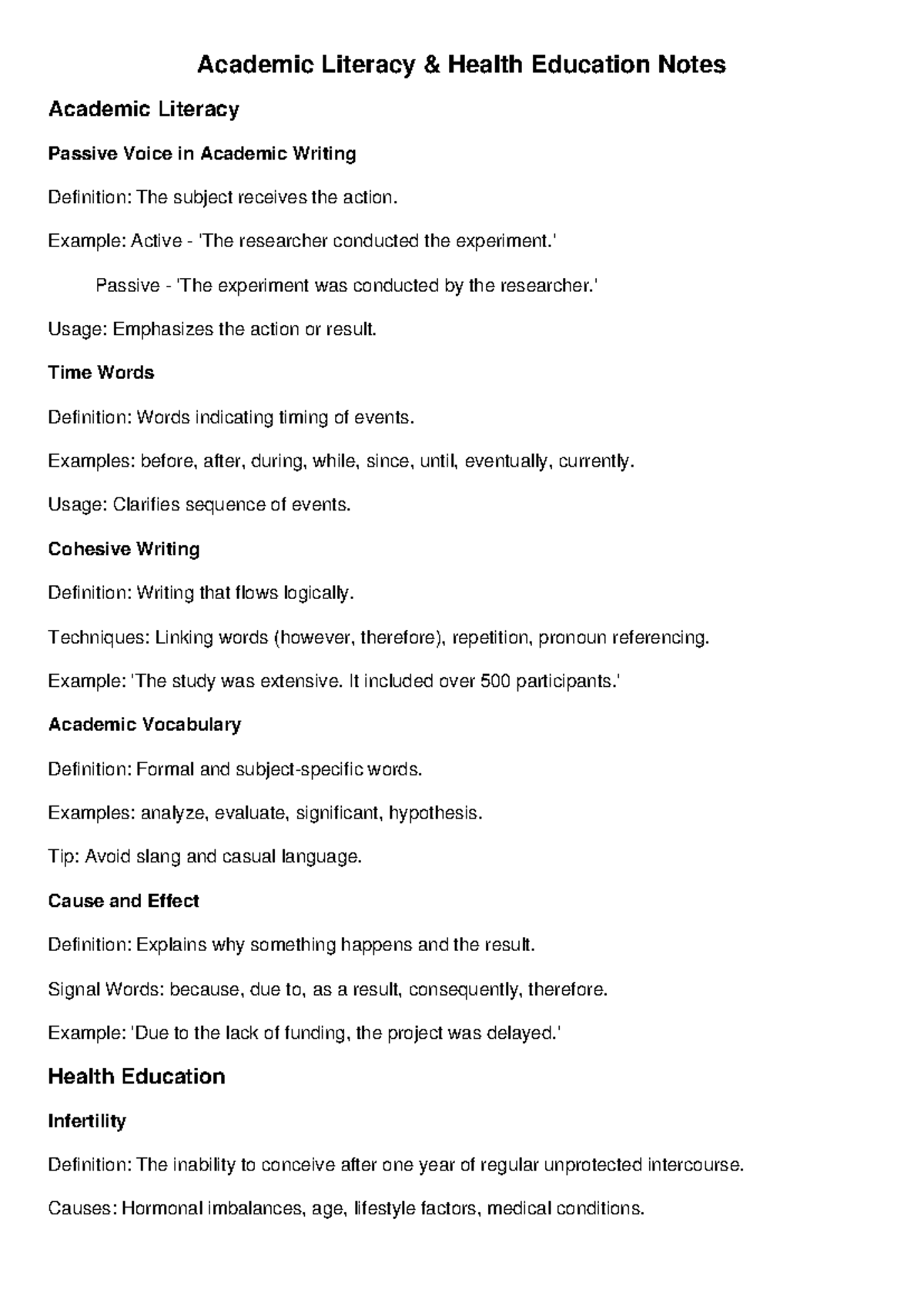 Academic Literacy & Health Education Notes: Key Concepts & Definitions ...