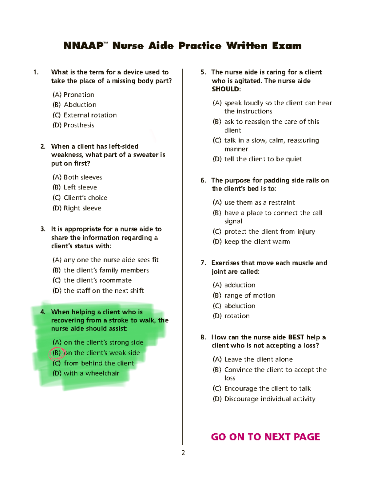 CNA Practice Exam 4 - Study guide material - What is the term for a ...