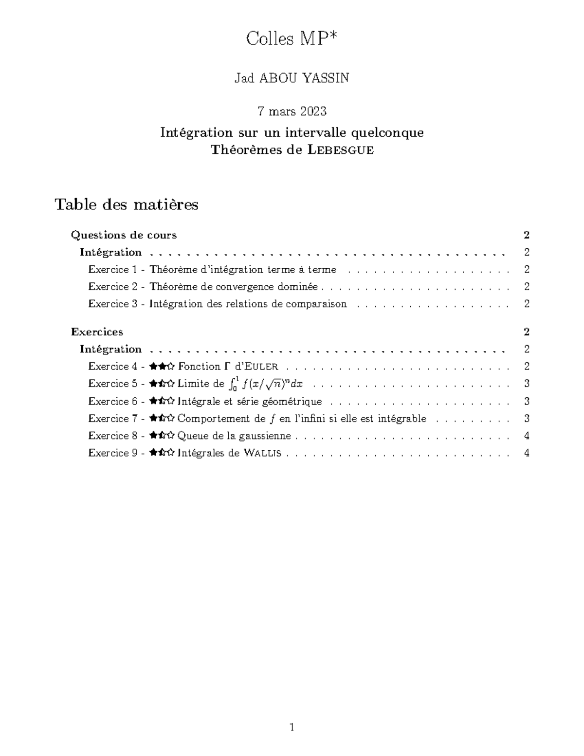 Intégration sur un Intervalle Quelconque Théorèmes de Lebesgue (Cours — free download