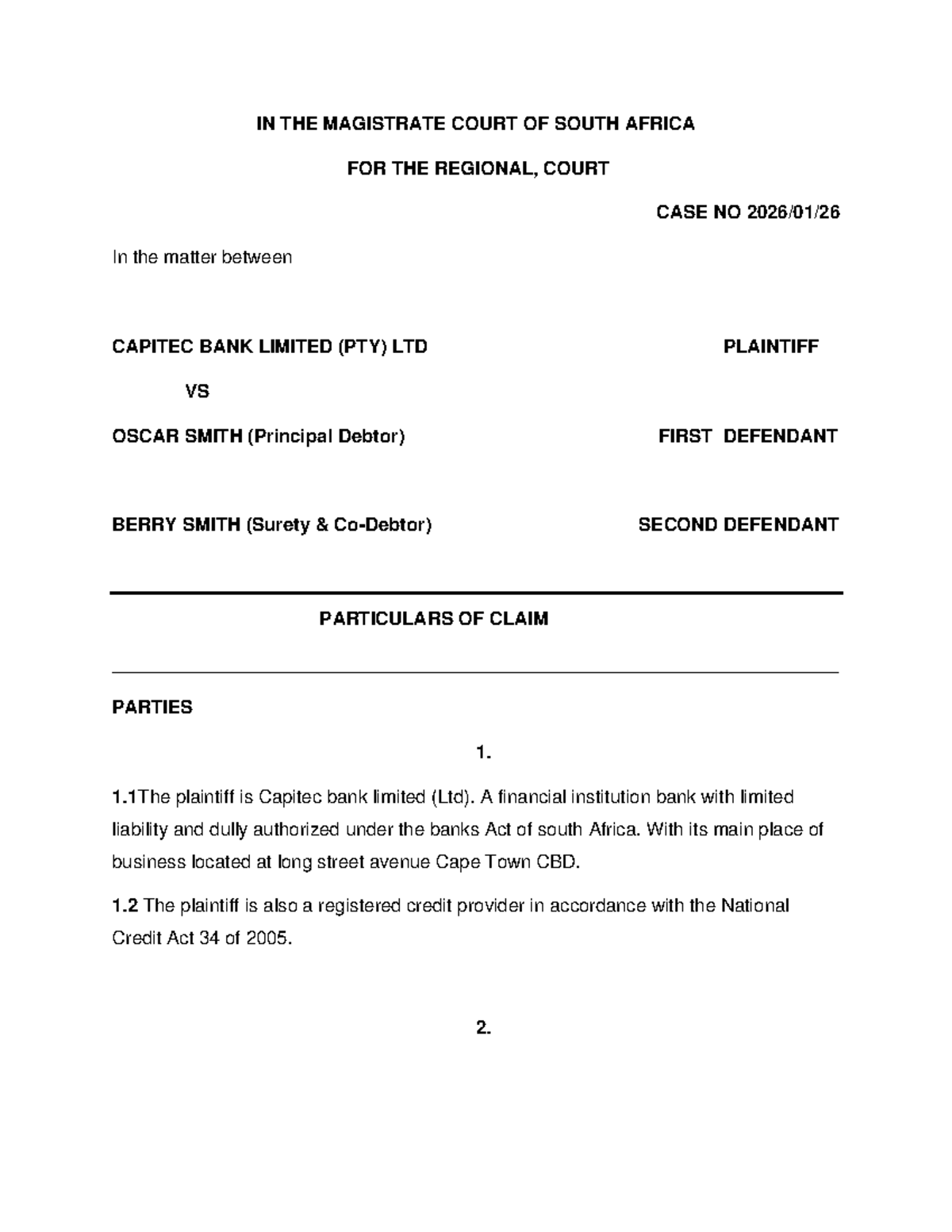 Particulars of Claim & Surety Deed: Capitec Bank v Oscar Smith Case ...