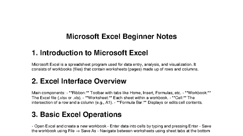 MS Excel Beginner Notes: Intro, Operations & Formatting - Studocu