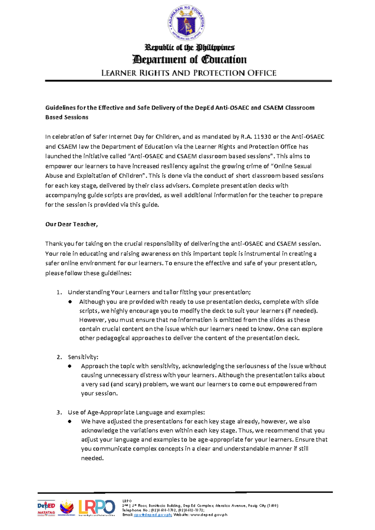 Guidelines for Effective CSAEM Classroom Sessions on OSAEC - Studocu