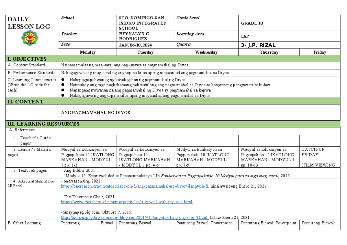 WEEK 1 LESSON LOG ESP 10 Q3: Pagmamahal ng Diyos Activities - Studocu