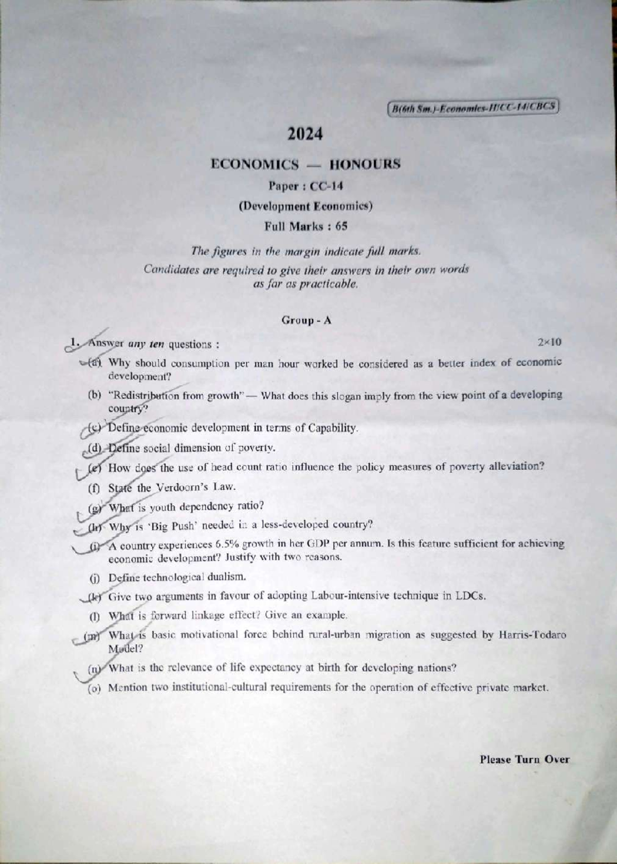 CC-14(2024) - Development Economics Question Paper for 6th Sem Exam ...