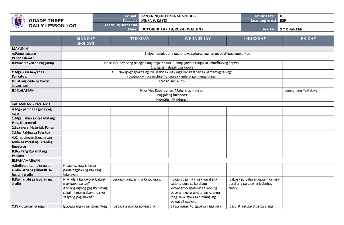DLL ESP 3 Q2 W3 - math - GRADE THREE DAILY LESSON LOG School: SAN ...