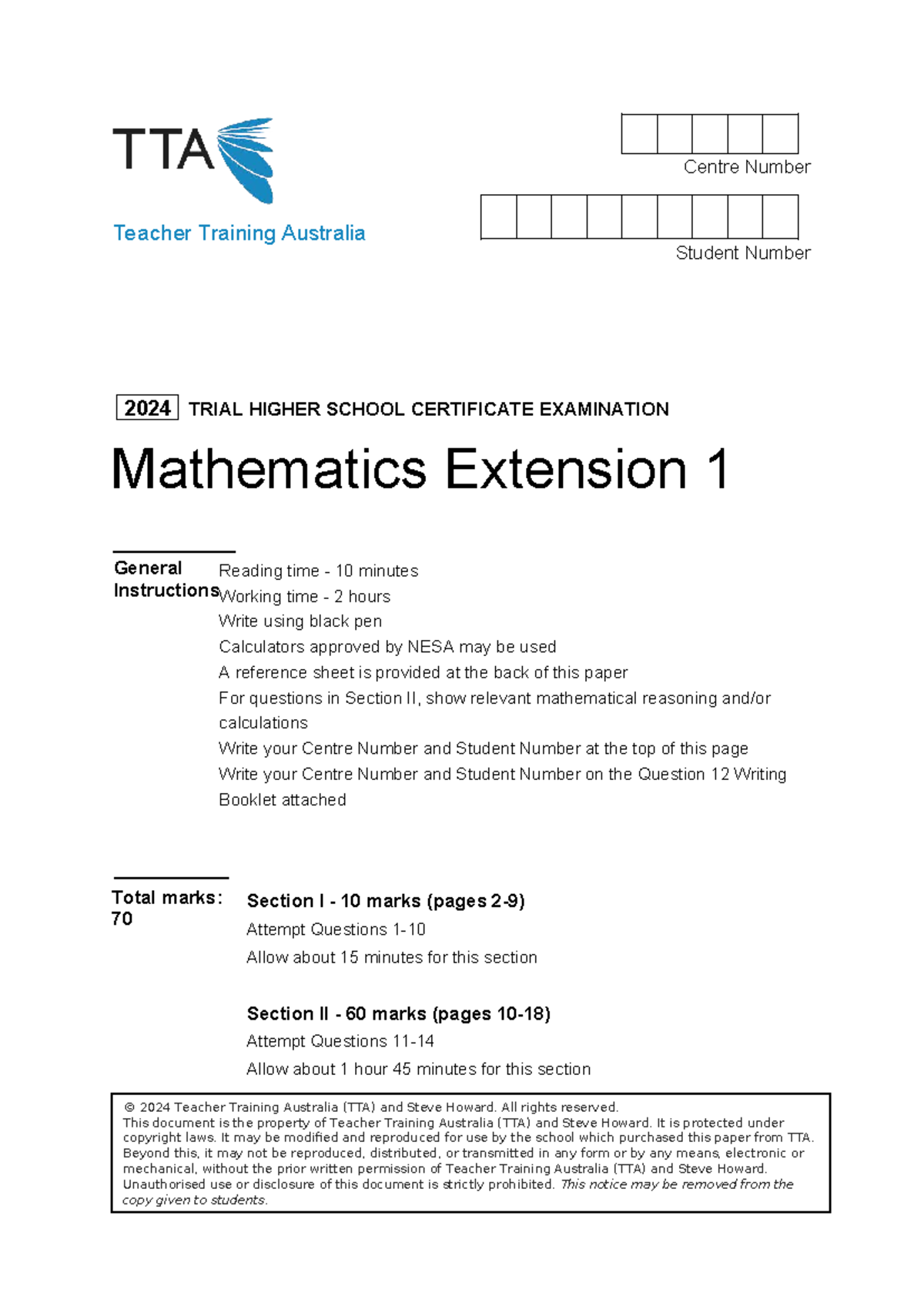 2024 HSC Trial Exam Mathematics Extension 1 - Teacher Training ...