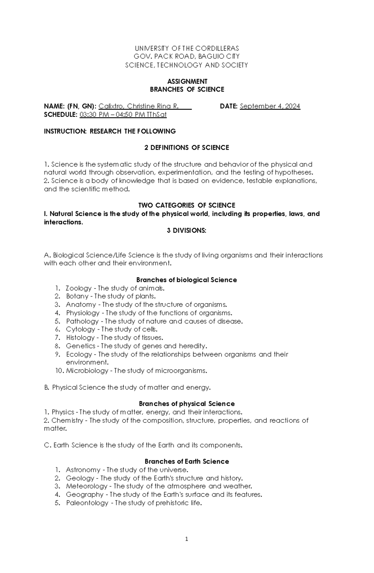 STST 101 Assignment: Exploring the Branches of Science - Studocu