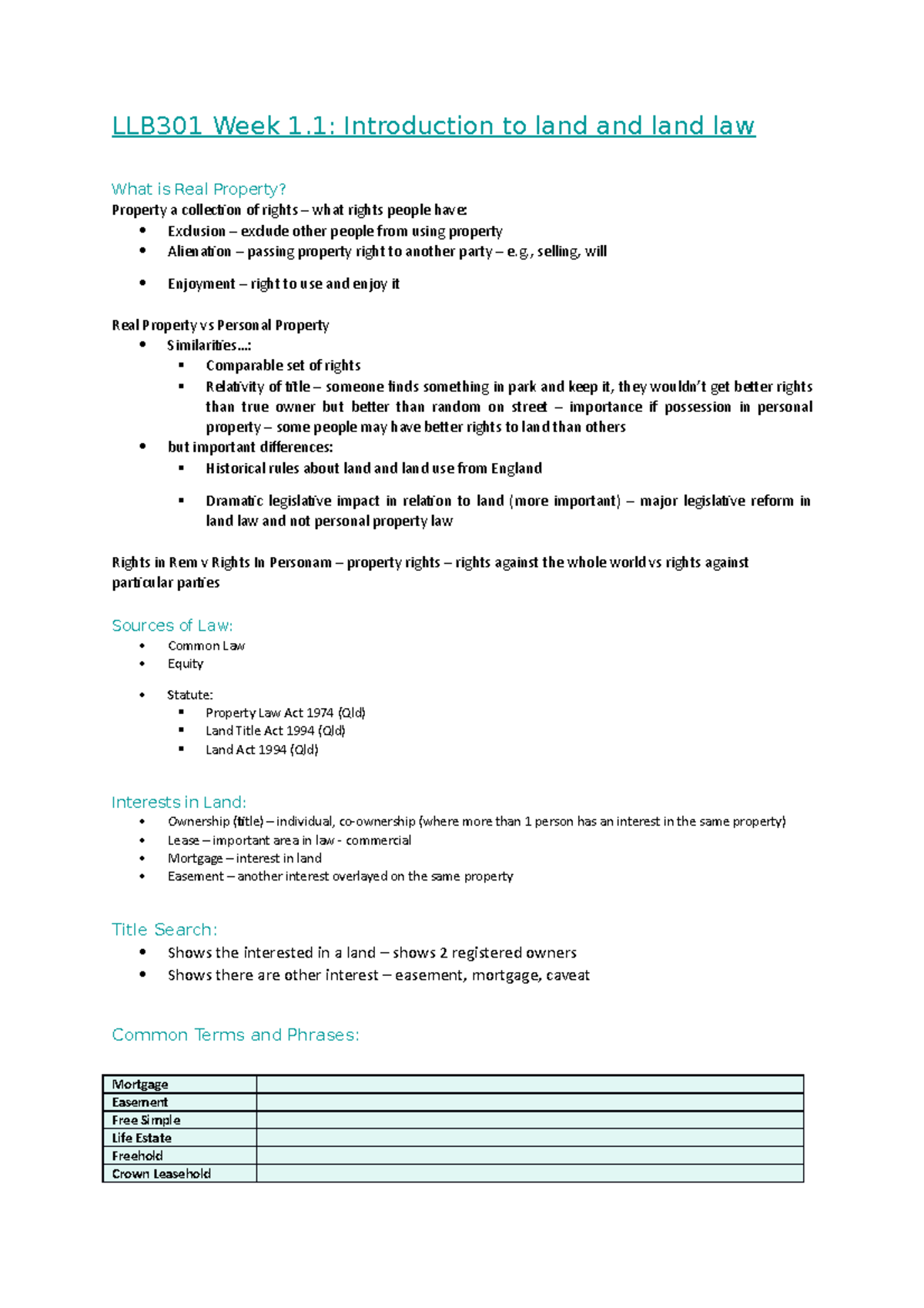 LLB301 - Week 1 Lecture Notes: Introduction to Land Law Concepts - Studocu