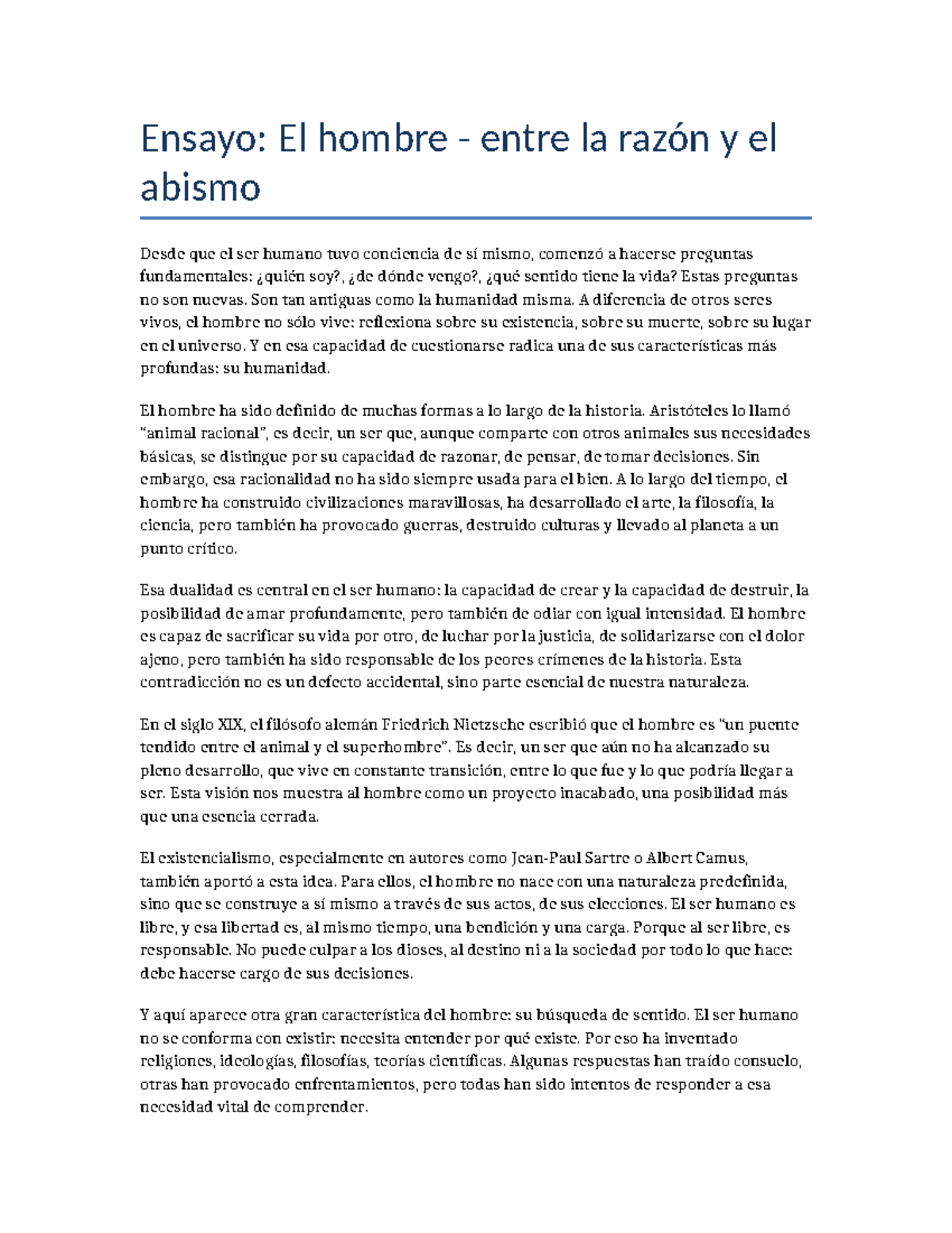 Ensayo: El Hombre entre la Razón y el Abismo (Curso 101) - Studocu