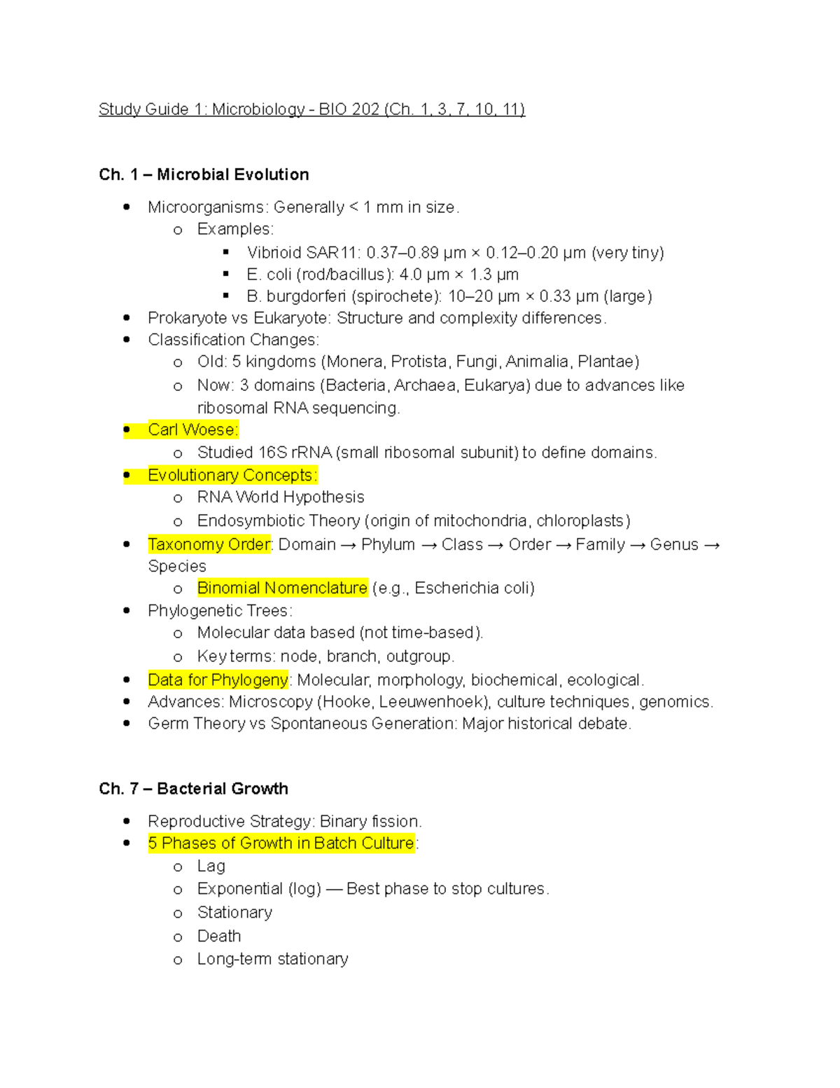 Study Guide 1: Microbiology BIO 202 (Ch. 1, 3, 7, 10, 11) Overview ...