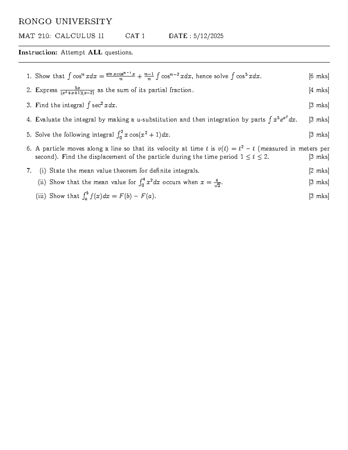MAT 210: Calculus II CAT 1 Exam Questions and Solutions - Studocu